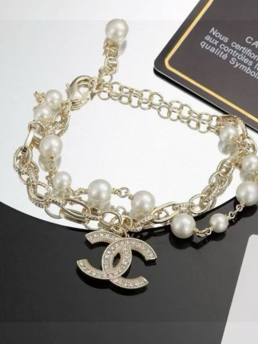 CHANEL Double Chain Pearl Bracelet Crystal CC Logo